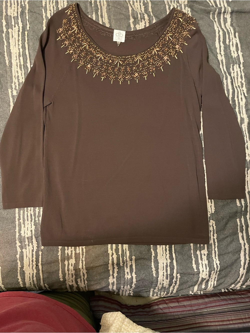 Dana Buchman Chocolate Brown Long-Sleeve Scoop Neck Top with Gold Embellishment